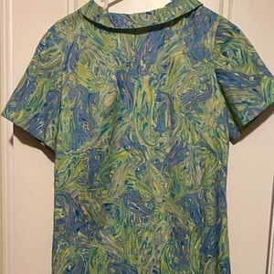 Retro Swirl Print Short Sleeve Dress - Blue & Green